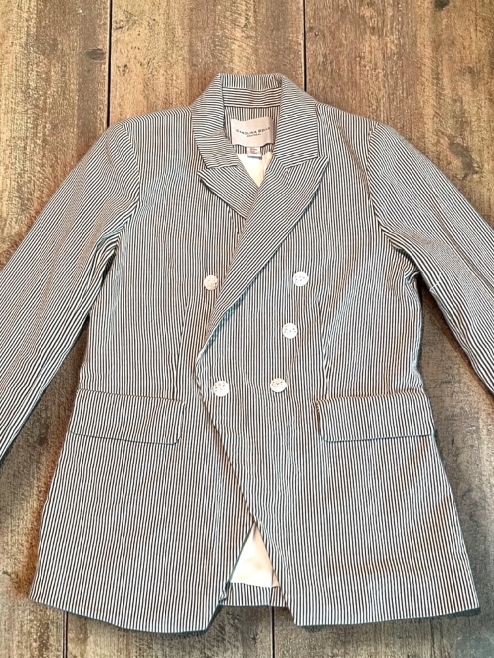 Carolina Belle Navy and White Pinstripe Double-Breasted Blazer